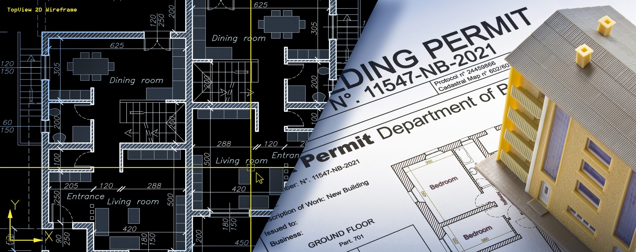 A CAD floor-plan wireframe alongside a building permit document and a 3D building model