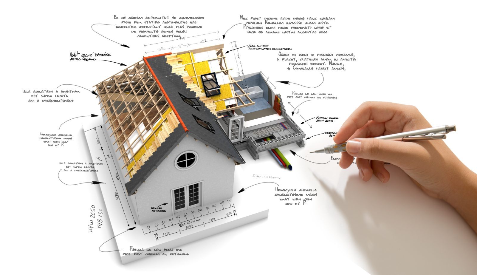 A cutaway three-dimensional house model with handwritten annotations and a hand holding a pen.
