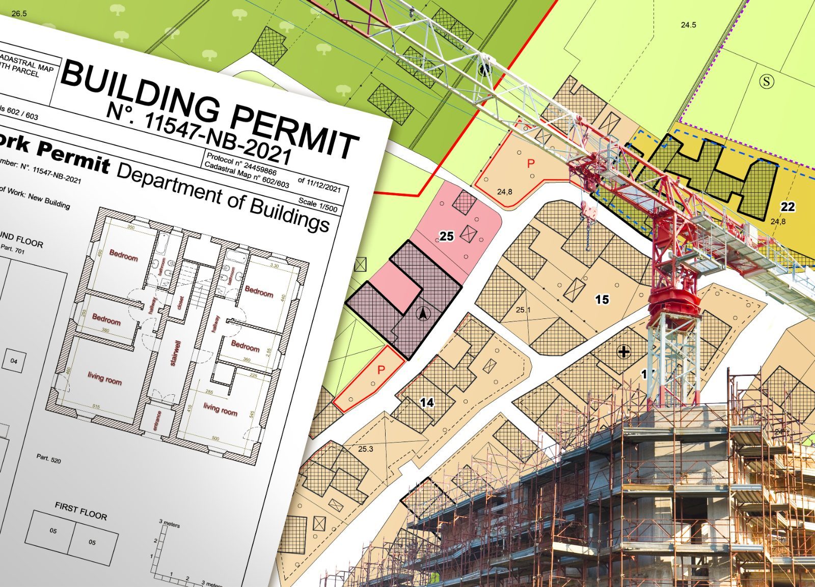 A building permit sheet over a coloured cadastral site map with a crane above a construction site.
