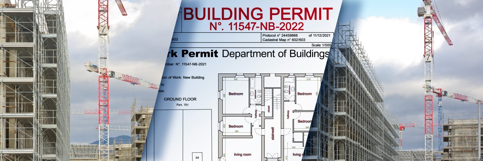 A building permit document set against construction scaffolding and tower cranes.