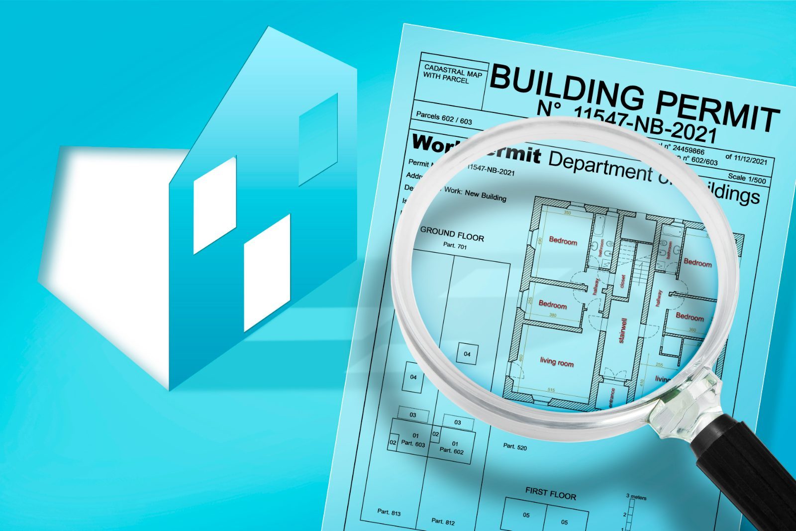 A magnifier held over a permit drawing beside a stylised digital building model.